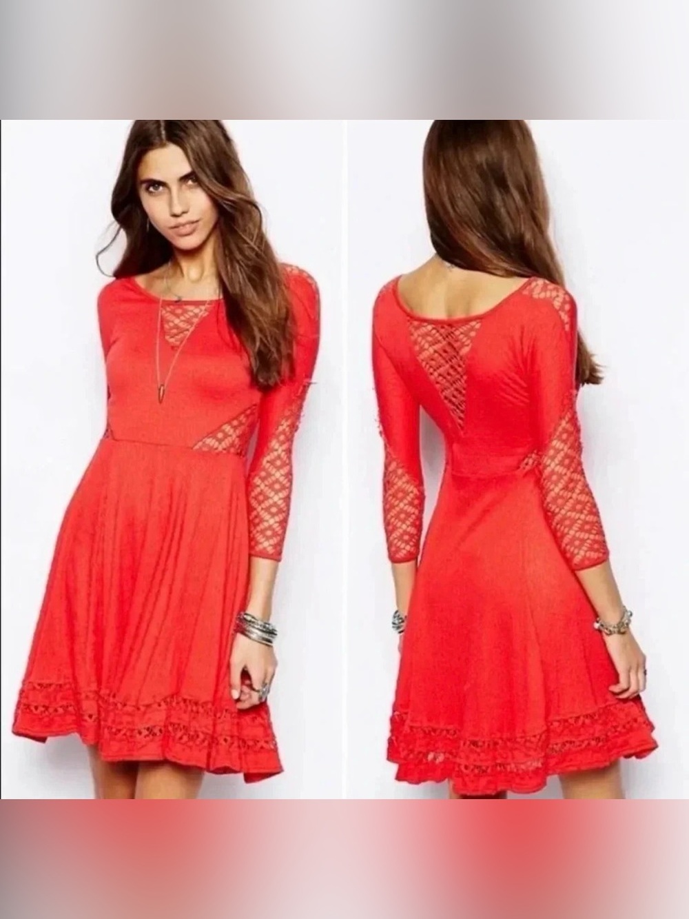 Free People To The Point Dress Coral Red Lace Cut Outs Flare Bohemian Women M